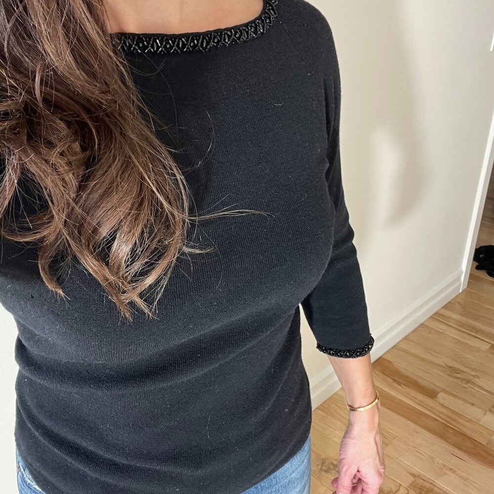 INC Black Fitted Sweater 3/4 Sleeves Beaded Collar and Cuff